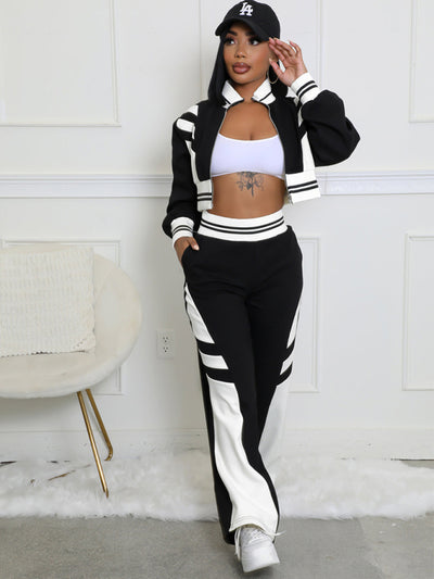 Color Block Stitching Contrast Wide Leg Flared Pants Two-Piece Set